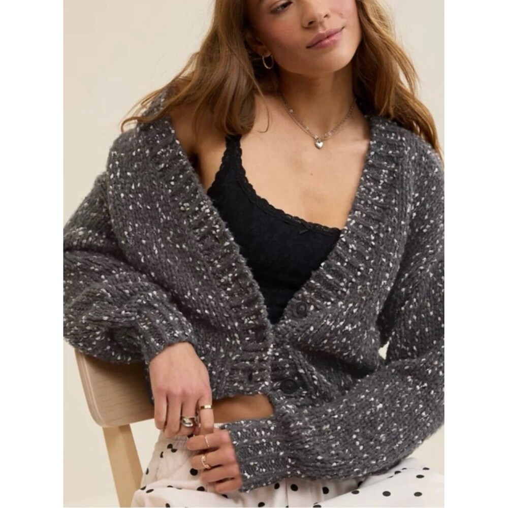 Aerie Confetti Cropped Cardigan Sweater Gray Speckled Knit Button Front Size XS
